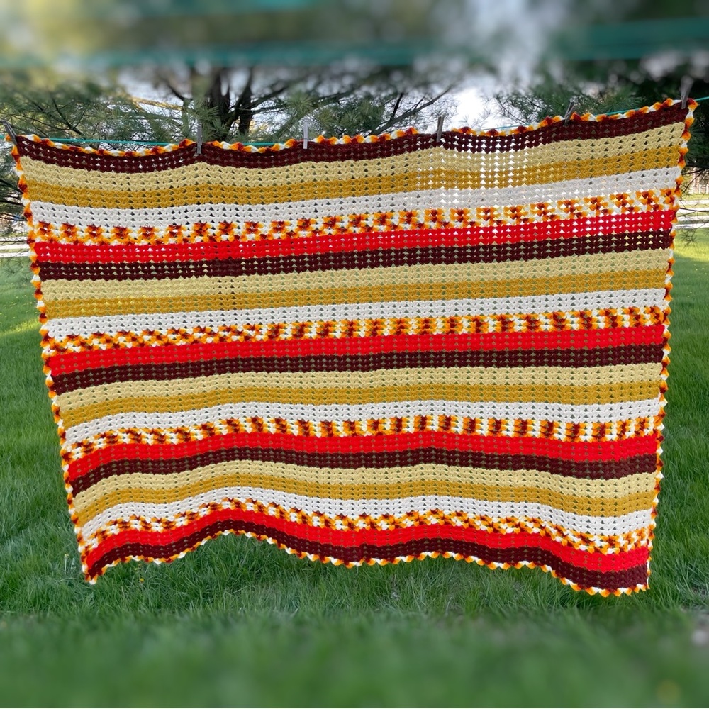 Vintage 70s/80s Knit Crocheted Afghan Striped Throw Blanket
